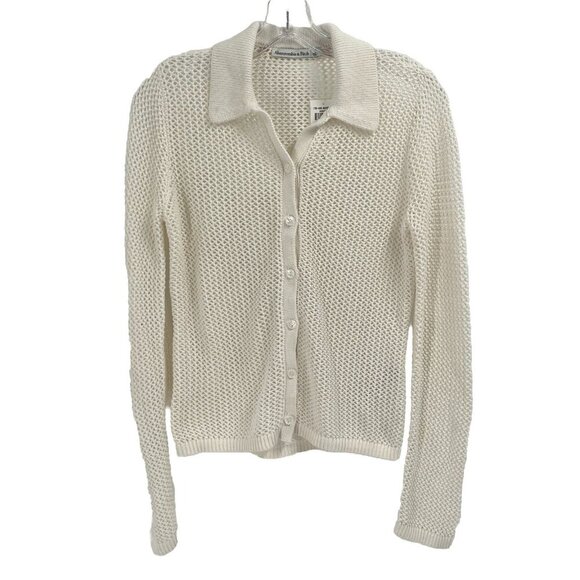 Abercrombie & Fitch White Open Knit Cardigan Sweater Button Collar Sz Small NWT - Picture 1 of 6